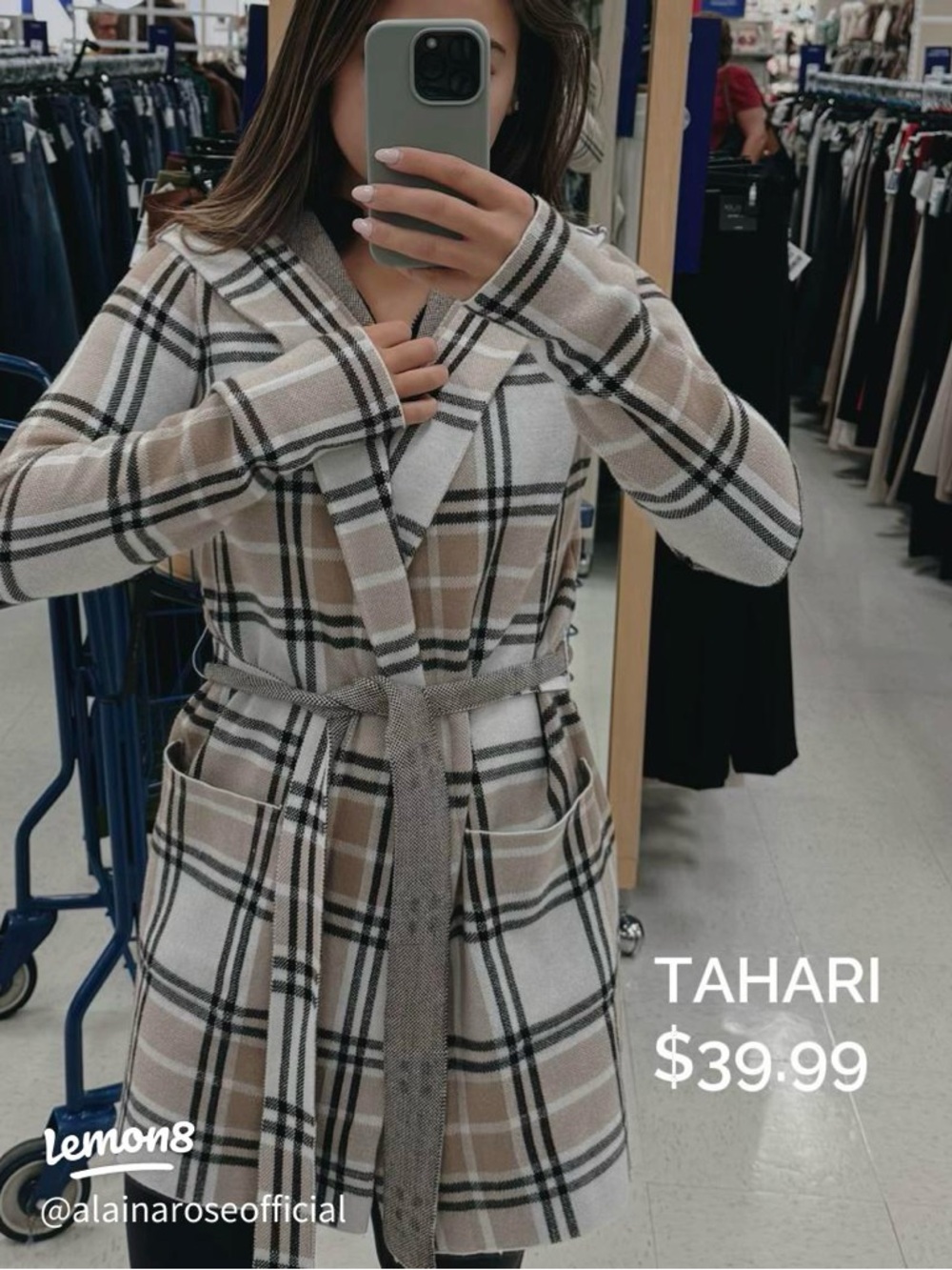 Tahari Plaid Hooded Knit Robe Cardigan - Beige, White, Black